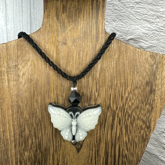 Tai Chi Stone Butterfly Pendant Necklace on Adjustable Black Rope - Picture 3 of 13